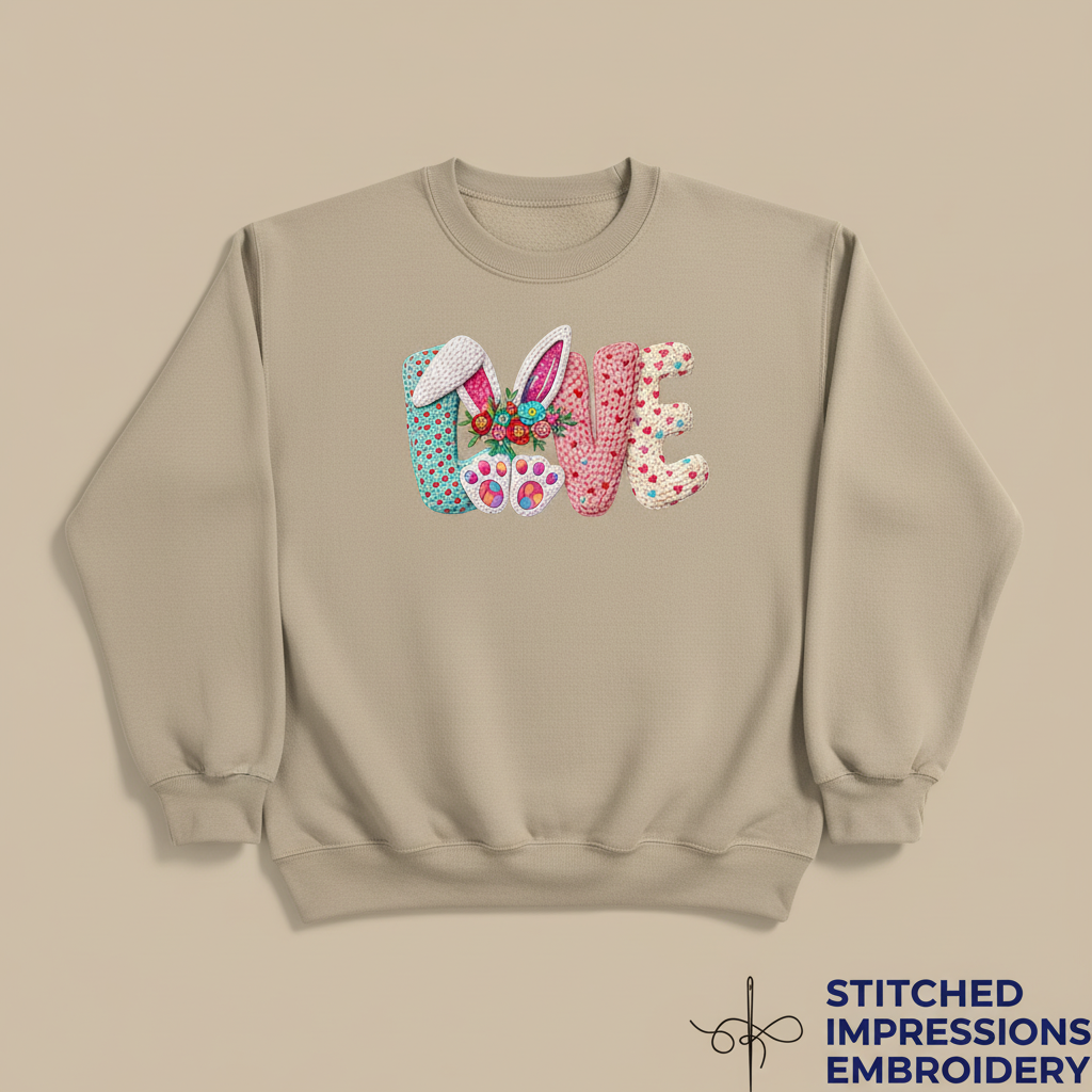 Sand sweatshirt with Easter LOVE design featuring bunny ears, flowers, and paw prints