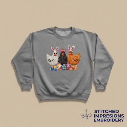 Gray sweatshirt with Easter chickens in bunny ears and colorful eggs design