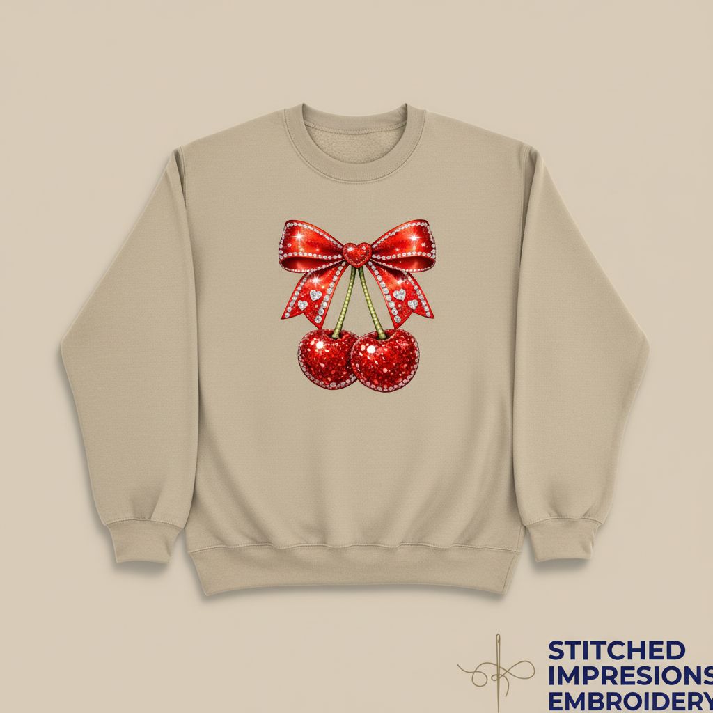 Sand sweatshirt with sparkly red cherries and rhinestone bow design