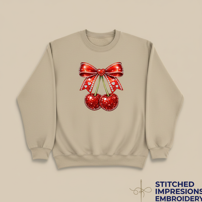 Sand sweatshirt with sparkly red cherries and rhinestone bow design