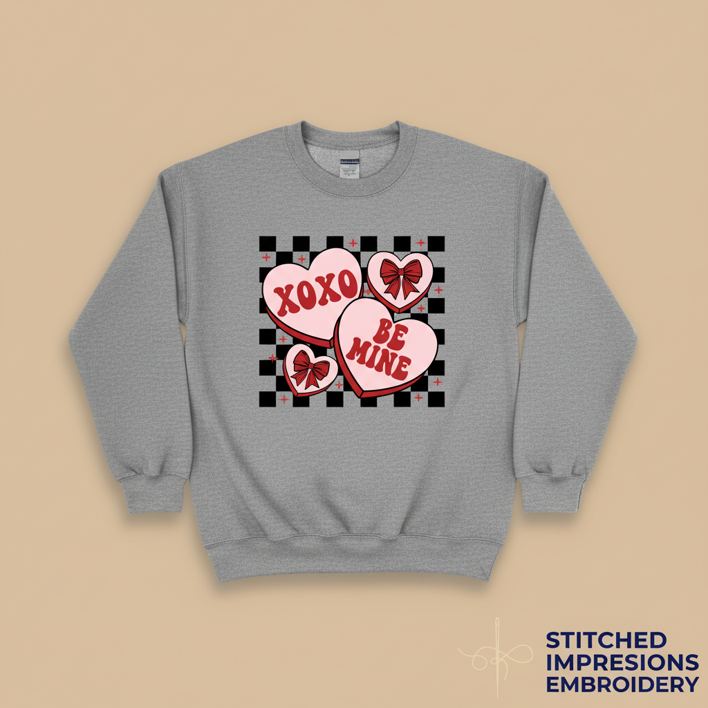 Gray sweatshirt with Be Mine hearts and checkered background design