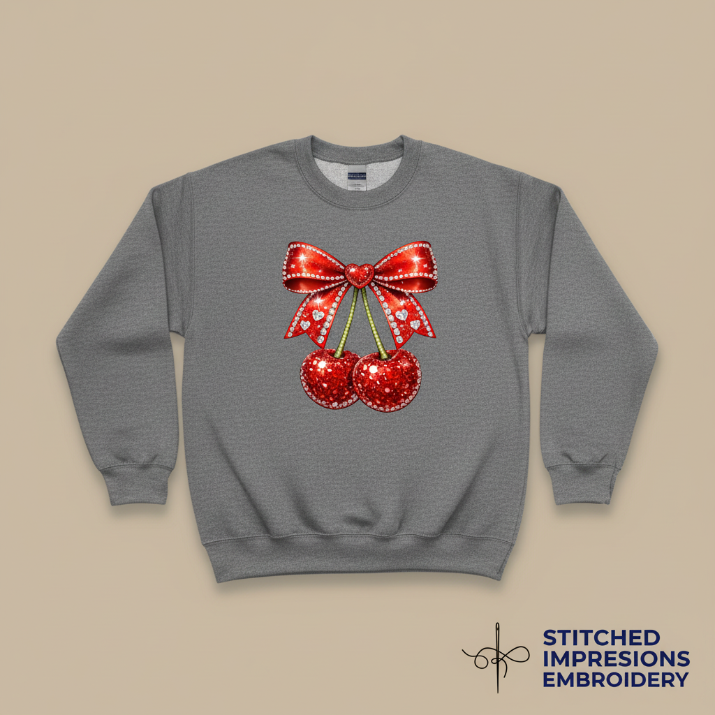 Gray sweatshirt with sparkly red cherries and rhinestone bow design