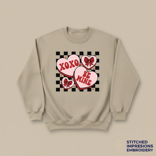 Sand sweatshirt with Be Mine hearts and checkered background design