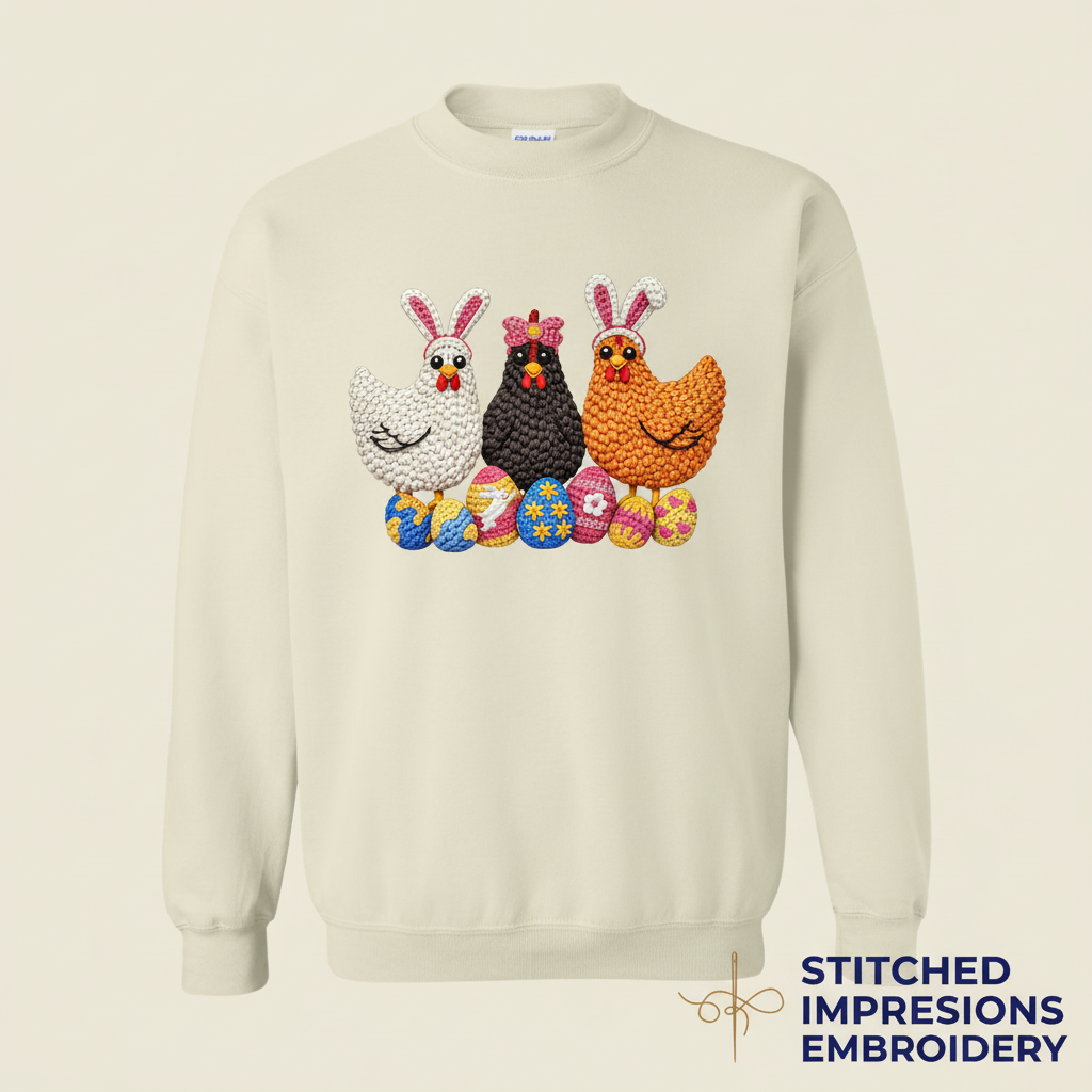 Sand colored sweatshirt with Easter chickens embroidery and logo